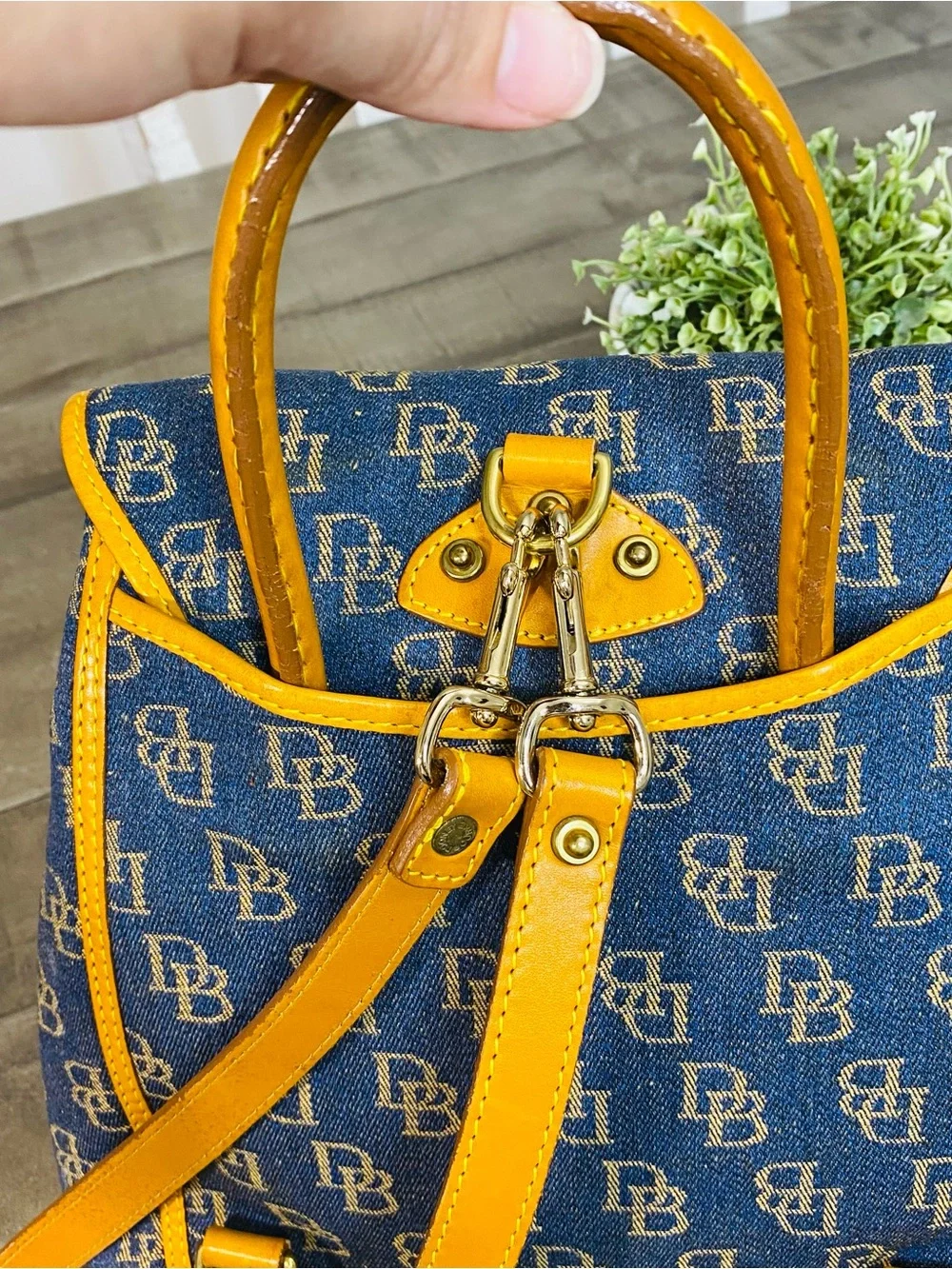 Vintage Dooney & Bourke Denim Monogram Backpack Purse DB Canvas Tan Leather Trim